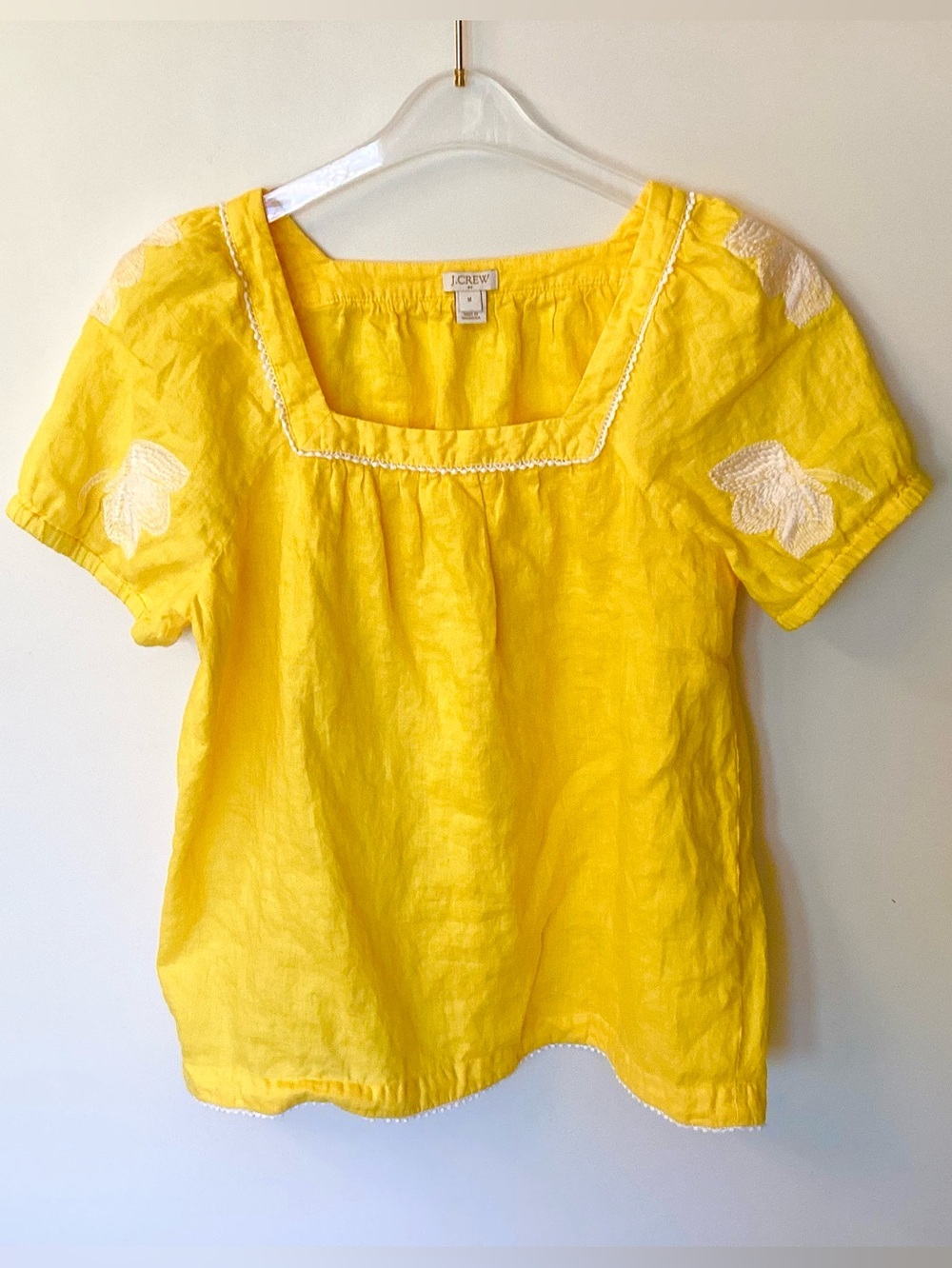 J.Crew Factory Short Sleeve Square Neck Embroidered Linen Top - Yellow - M